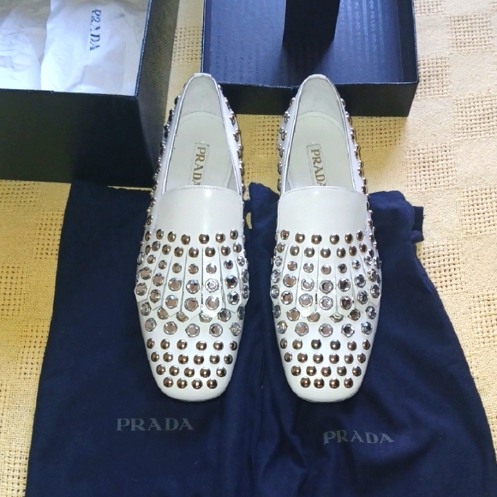 Prada Never Walked On studded loafers white/silver studs. Italian Craftsmanship!